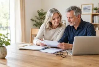 Couple préparant sereinement sa retraite autour de documents et d’un ordinateur à la maison.